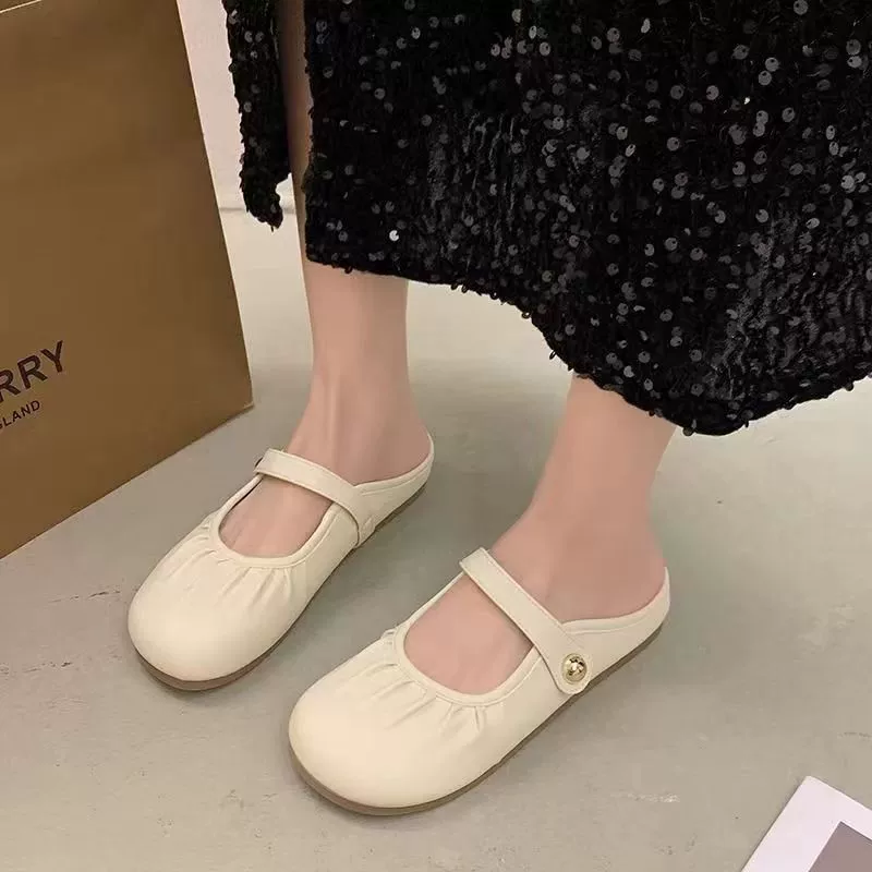 Fold Half Slippers (Baotou) Flat-Bottom Casual Mules, Spring–Summer, Sizes 36–41