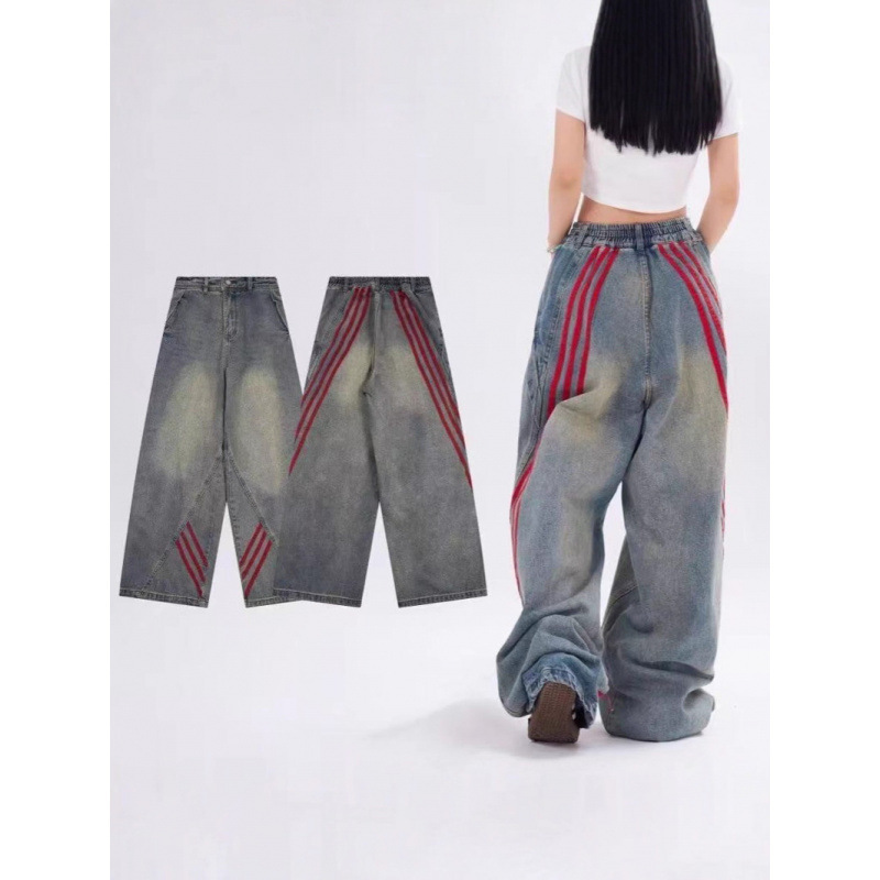 Three-Stripe Loose Wide-Leg Jeans for Men and Women, Trendy Punk Vintage Washed Webbing Patchwork Striped Straight Pants