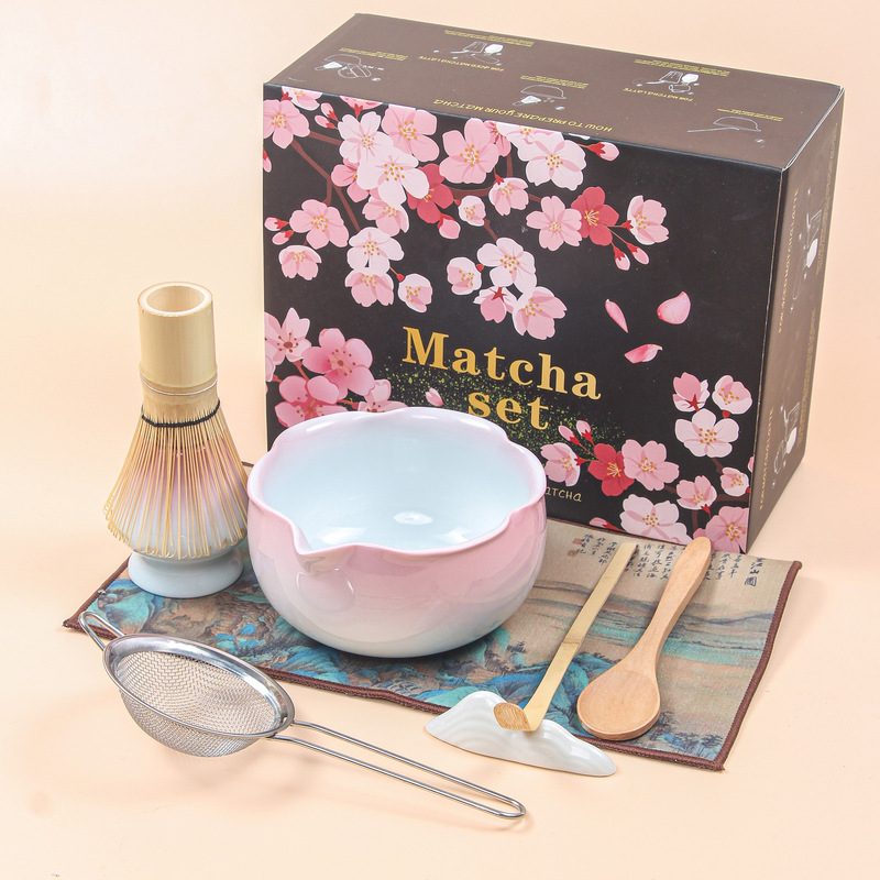 Cross-Border Japanese-Style Matcha Bowl with Spout, Matcha Set, Bai Ben Li Tea Whisk, Gradient Color Kiln-Fired Matcha Set, Tea Whisk