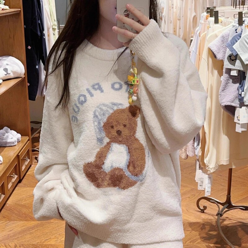 Soft and Cute Little Bear Knitted Half-Velvet Pajamas for Women Autumn and Winter New Plush Fleece-Lined Thickeneded Home Wear Set