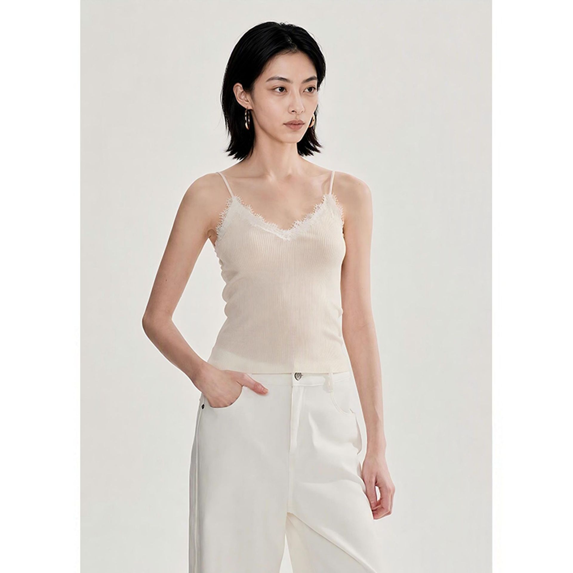 "White Dew" 100% Wool and Yangtze Yarn V-neck Lace Knit Camisole Straps Slim Fit Layered Vest for Women