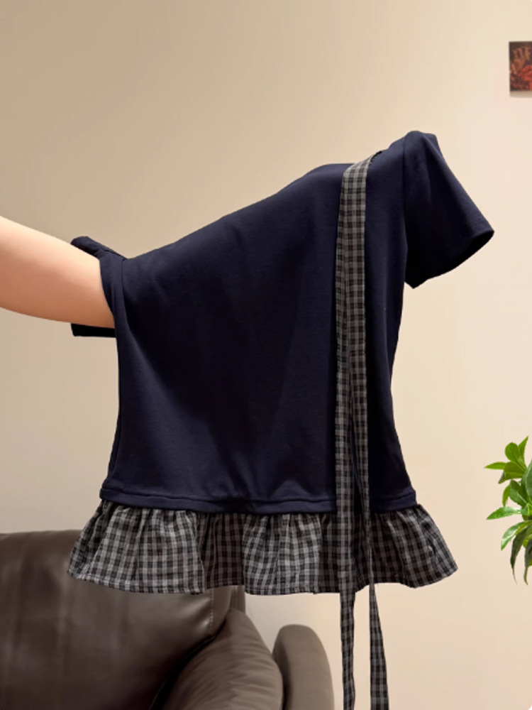 Women's Vintage Plaid Patchwork False Two-Piece Short Sleeve Tee - Slim Fit Retro Style Summer Top_ecoleips.com