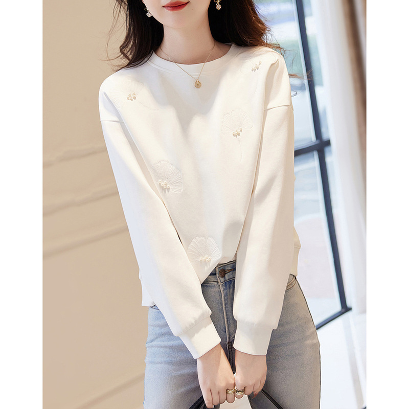 화이트 라운드 넥 스웨트 셔츠 여성의 2024 가을 새로운 자수 느슨한 풀오버 증오 캐주얼 탑 긴 소매 재킷