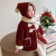 韩版网红女童卡通呢子加绒外套2025新款冬款洋气大衣代发年服童装