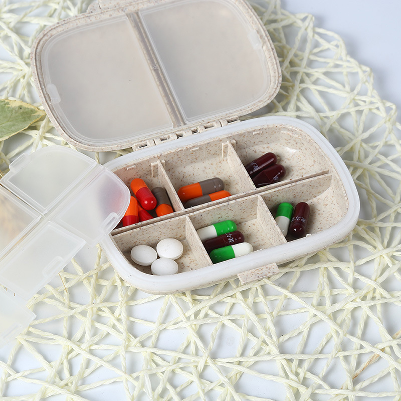 8格双层密封圈小麦药丸盒便携麦杆药品收纳盒迷你随身塑料药盒