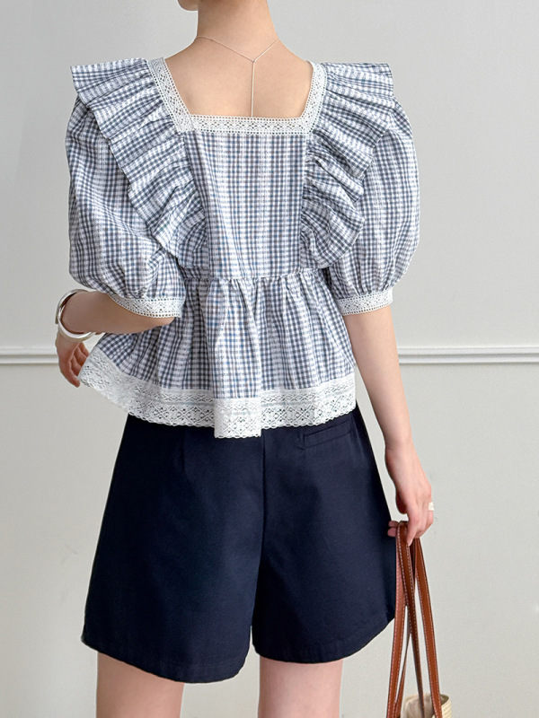 Juzhi 福祉モデル 返品交換不可～女性用スリムスクエアカラーフレンチレースフリルシャツ 23070|undefined