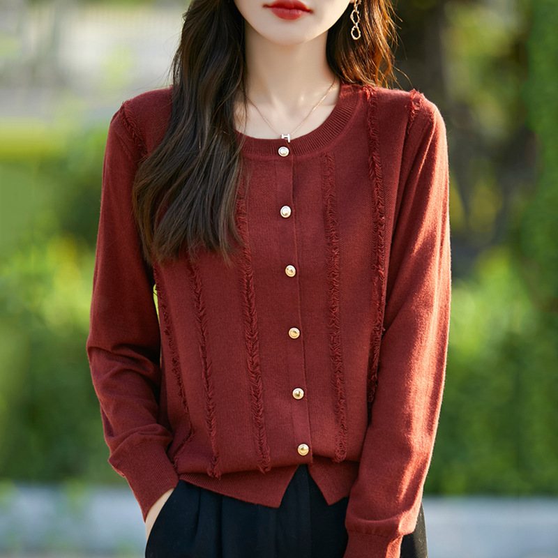 Women's Round Neck Slimming Cardigan Made of Mulberry Silk and Wool Blend, Early Autumn New Stylish and Youthful Top