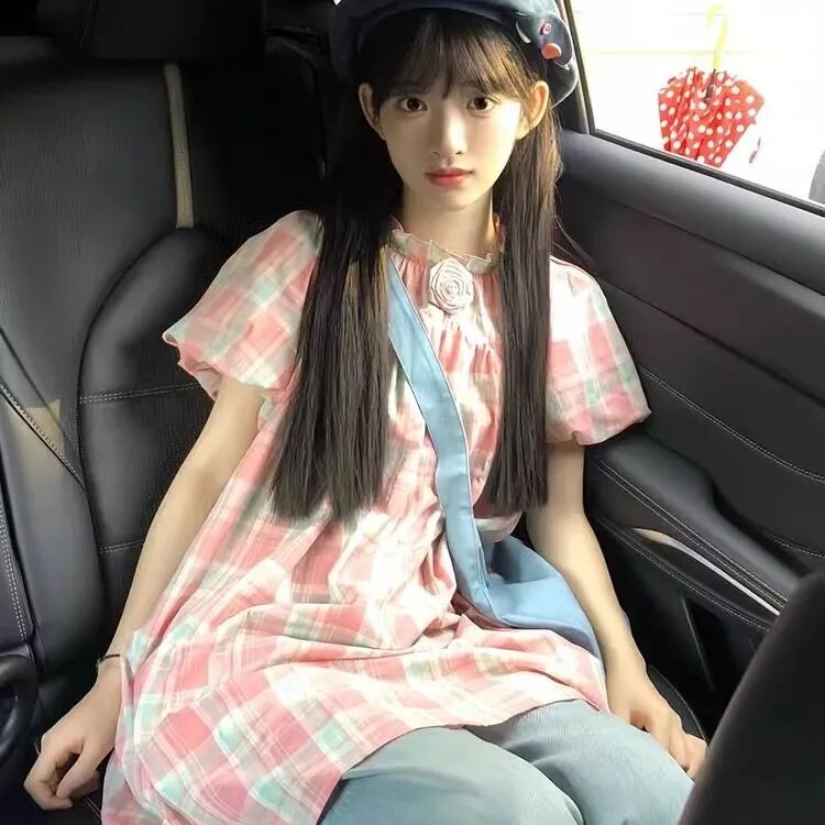 Pink plaid puff sleeve dress for women, unique design, loose casual short shirt dress for girls, summer Pink plaid puff sleeve dress for women, unique design, loose casual short shirt dress for girls, summer