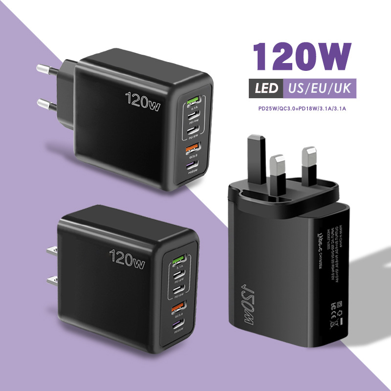 Cargador de teléfono móvil USB PD transfronterizo certificado CE Carga rápida multipuerto Puerto europeo y americano Cabeza de carga británica Adaptador de 120W