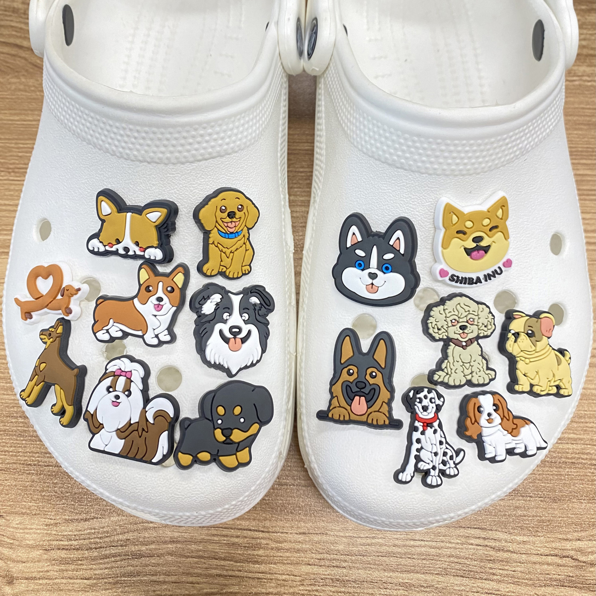 Perro conjunto de dibujos animados agujero accesorios zapatos DIY Chipsing croc botones zapatos flores perros Wang Xingren