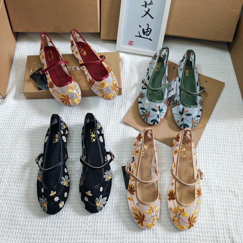 Za Spain 2026 Foreign Trade Women's Shoes Round-Toe Mesh Green Floral Embroidery Mesh Fabric Ballet Flats