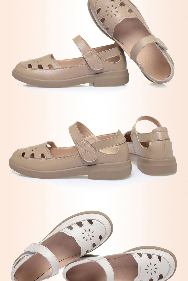 Sandal da thật lỗ thoáng khí đế mềm cho nữ trung niên, đế cao su bền bỉ — màu be chi tiết 17