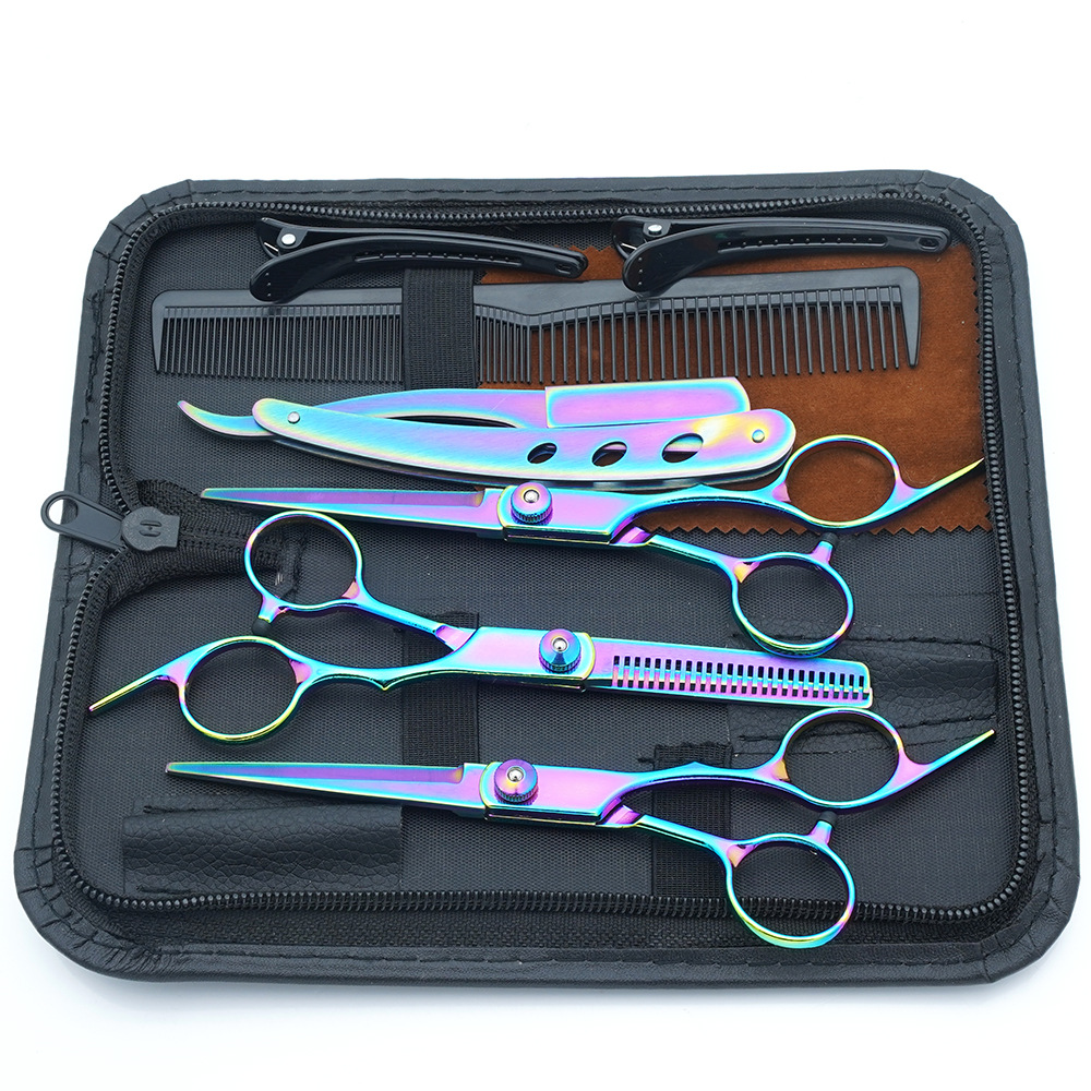 Fabricante al por mayor tijeras de corte de cabello transfronterizo Amazon negro dorado plano tijeras de dientes con flequillo fino tijeras divididas juego de tijeras de cabello