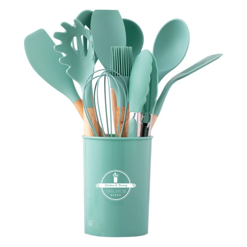 Cocina antiadherente olla barril de almacenamiento mango de madera utensilios de cocina de silicona 12 piezas de utensilios de cocina de silicona 11 piezas traje