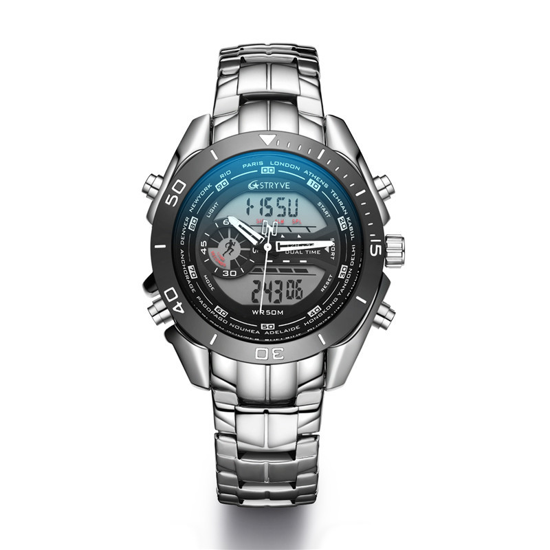 Stryve hombres deportes reloj de alarma de sincronización luminosa correa de acero plata reloj de regalo creativo 8019