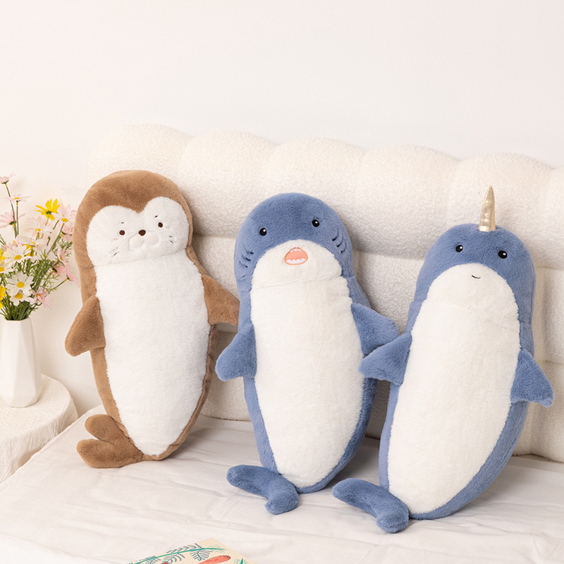 Curva reclinada almohada encantadora playa tiburones unicorles juguetes de peluche muñecas denim muñecas regalos para dormir