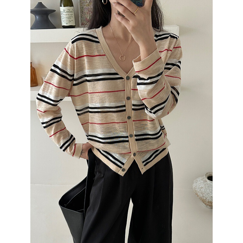 2026 New Early Autumn Korean Style Striped Knit Cardigan for Women, Loose Fit, Slimming Design, Thin Jacket Top