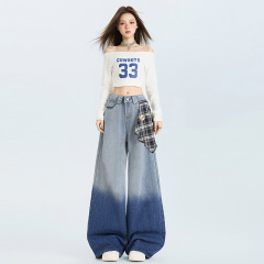 拖地长裤女2025早秋新款设计感格子飘带高腰显瘦洗水阔腿牛仔裤