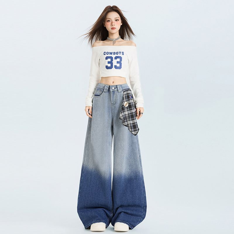 拖地长裤女2025早秋新款设计感格子飘带高腰显瘦洗水阔腿牛仔裤|undefined