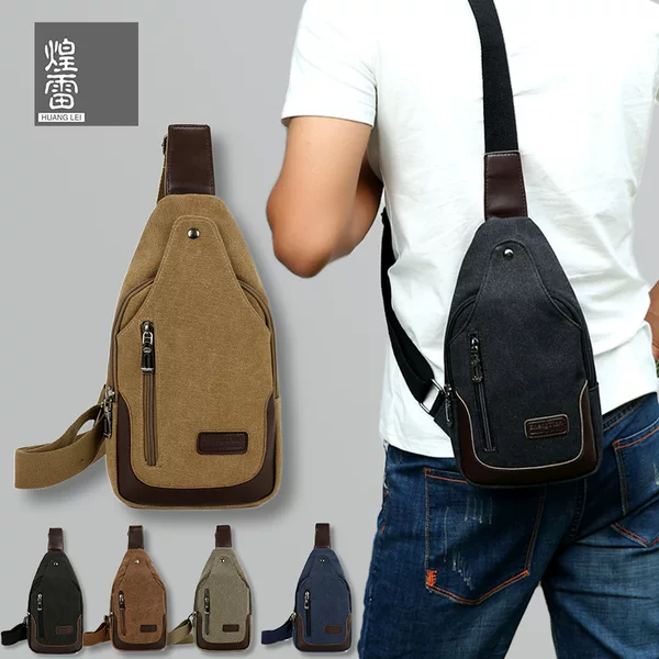 Canvas Chest Bag for Men, Business Travel, Simple, Retro, Wear-Resistant, Large-Capacity Crossbody Bag, Multi-Layered Casual Chest Bag, Lightweight