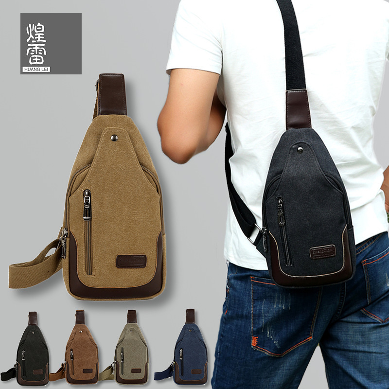 Canvas Chest Bag for Men, Business Travel, Simple, Retro, Wear-Resistant, Large-Capacity Crossbody Bag, Multi-Layered Casual Chest Bag, Lightweight