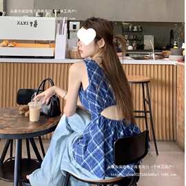 复古蓝色格子露腰吊带背心女夏季甜辣风漂亮别致收腰外穿无袖上衣