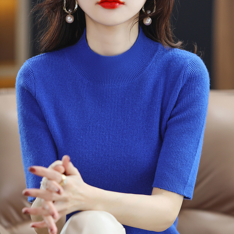 Spring New Style Half Turtleneck Bottoming Shirt for Women, Short-Sleeved Sweater Top with Suit, Short-Sleeved Knitted T-Shirt for Women