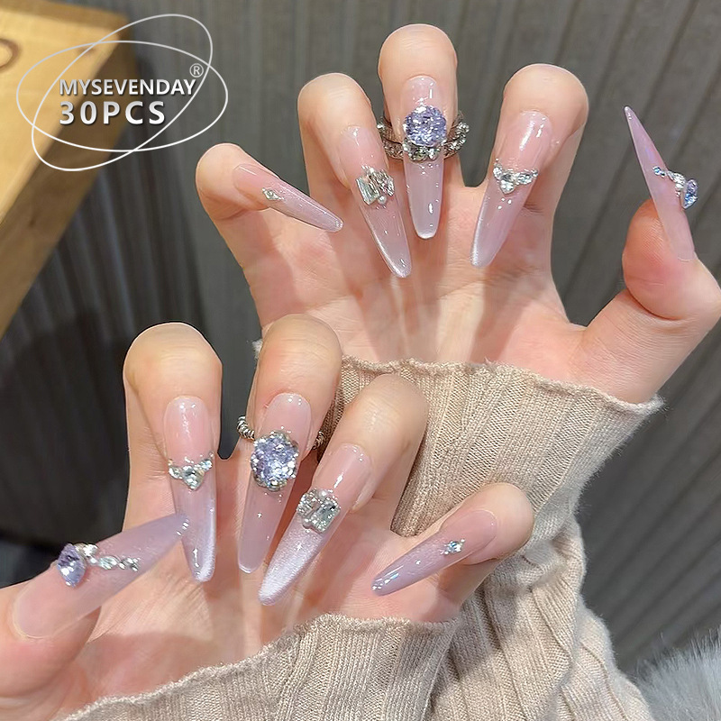 Wearable Nails for Women, High-End Sparkling Ice-Transparent Cat-Eye Crushed Diamond Light Luxury Pure Desire Sweet Cool Manicure, Detachable Fake Nails