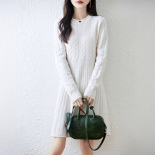 秋冬新圆领麻花100%纯羊毛针织裙女加厚中长款毛衣羊绒针织连衣裙