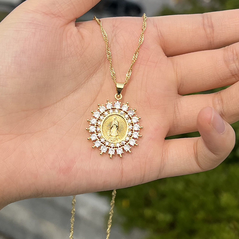 European and American Virgin Mary inlaid zirconium round copper necklace