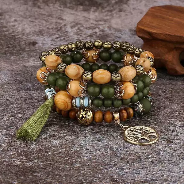 Cross-Border European and American Popular 4-Piece Set of Fashionable Bohemian Style Multi-Layered Life Tree Tassel Wooden Bead Bracelet