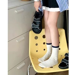 韓系襪子女網紅款堆堆襪後跟布標堆堆襪藍色文藝中筒復古小眾女襪