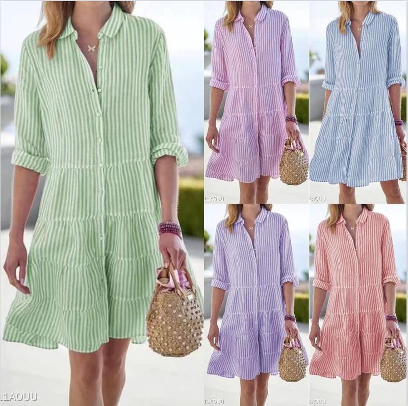 2025 新しいアマゾン独立系ステーションクロスボーダーヨーロッパとアメリカの服秋長袖女性のストライプシャツドレス|undefined
