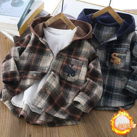 加绒加厚秋冬韩版中大男童加绒格子衬衫连帽气质时髦文艺范外套潮
