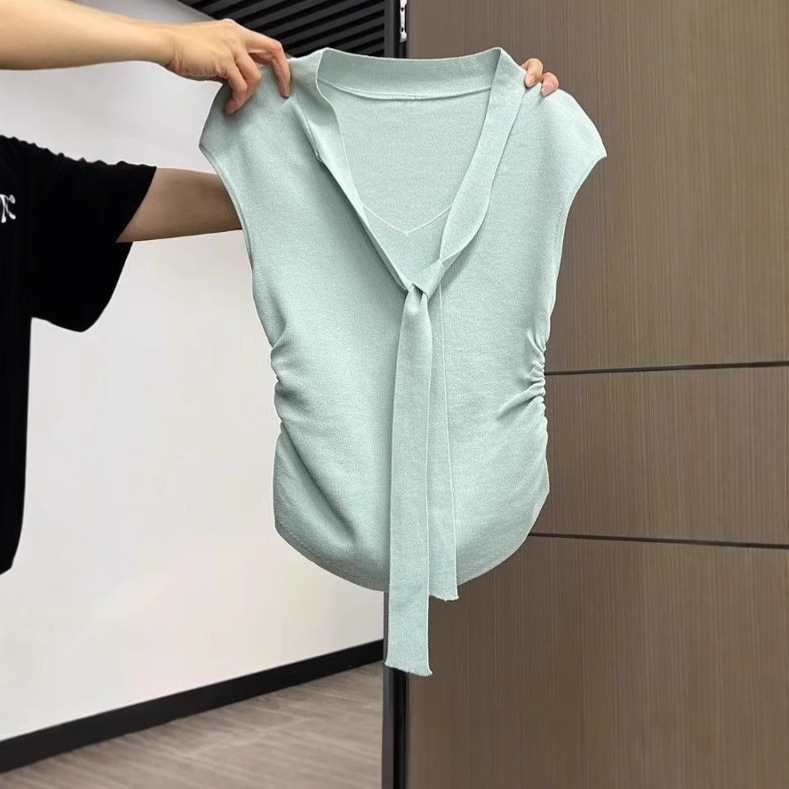 Clear Blue Sleeveless Ribbon V-Neck Pleated Knitwear Women's Summer Slim-Fit Elegant Top