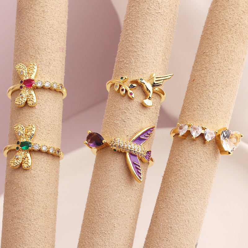 Fashion Animal Heart Shape Copper Gold Plated Zircon Open Ring