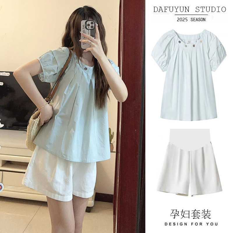 Spot 2025 New Maternity Wear Summer Suit Shorts Babydoll Top Summer Short-Sleeved Two-Piece Set Spot 2025 New Maternity Wear Summer Suit Shorts Babydoll Top Summer Short-Sleeved Two-Piece Set