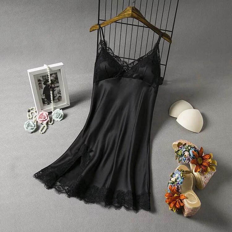 European and American Popular Style Deep V-Neck Faux Silk Nightgown with Comfortable Lace Trim, Wholesale from Source, Lazy Style