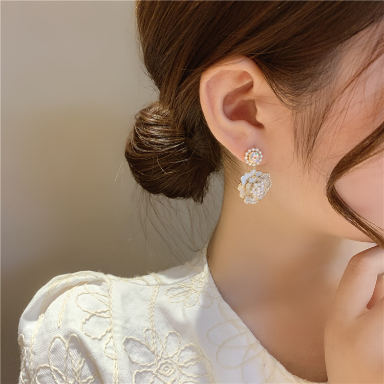 925 Silver Needle Pearl Diamond Drop Oil Flower Earrings Korean Retro Earrings display picture 4