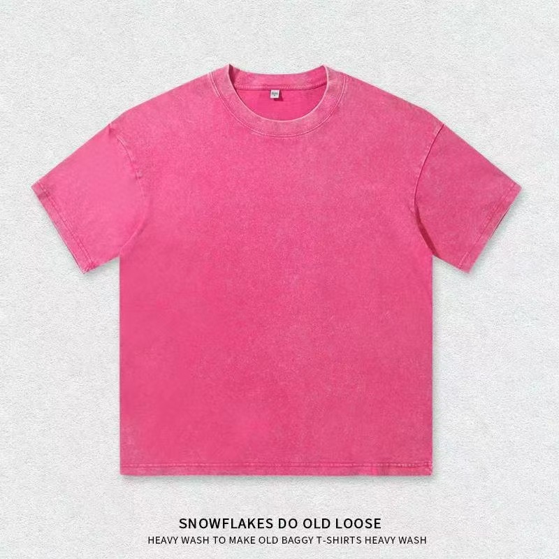 220g lavado y desgastado camiseta de cuello redondo para hombres y mujeres suelto americano retro salvaje de manga corta batik camisa de hombro caído