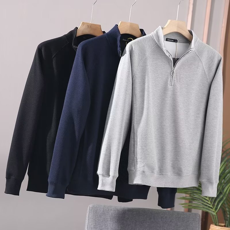 Demi-season design solid color knitted sweater with zipper