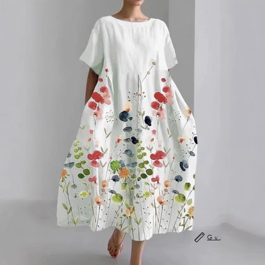 New Amazon Cross-Border Summer European and American Clothing Loose Round Neck Fashion Short-Sleeved Printed Dress Factory