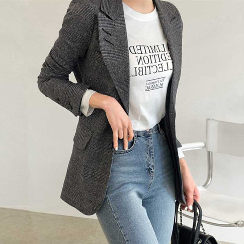 Horseshoe Sleeve Retro Plaid Casual Suit Top Women's 2025 Korean-style Two-button Simple Rounded Small Suit Jacket