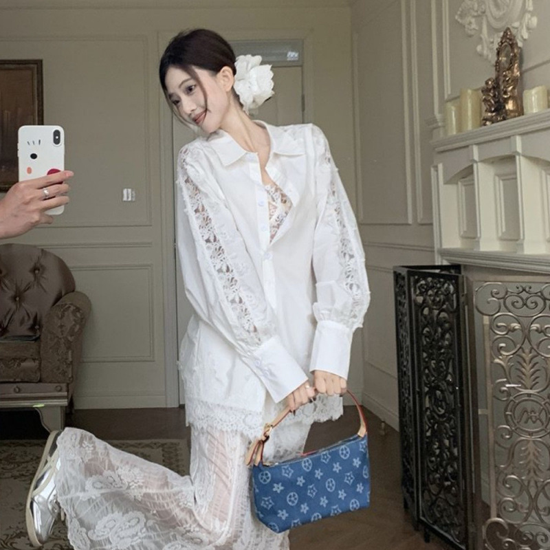 White Hollow-Out Lace Patchwork Long-Sleeved Shirt, Loose Mid-Length Layered Sun Protection Shirt