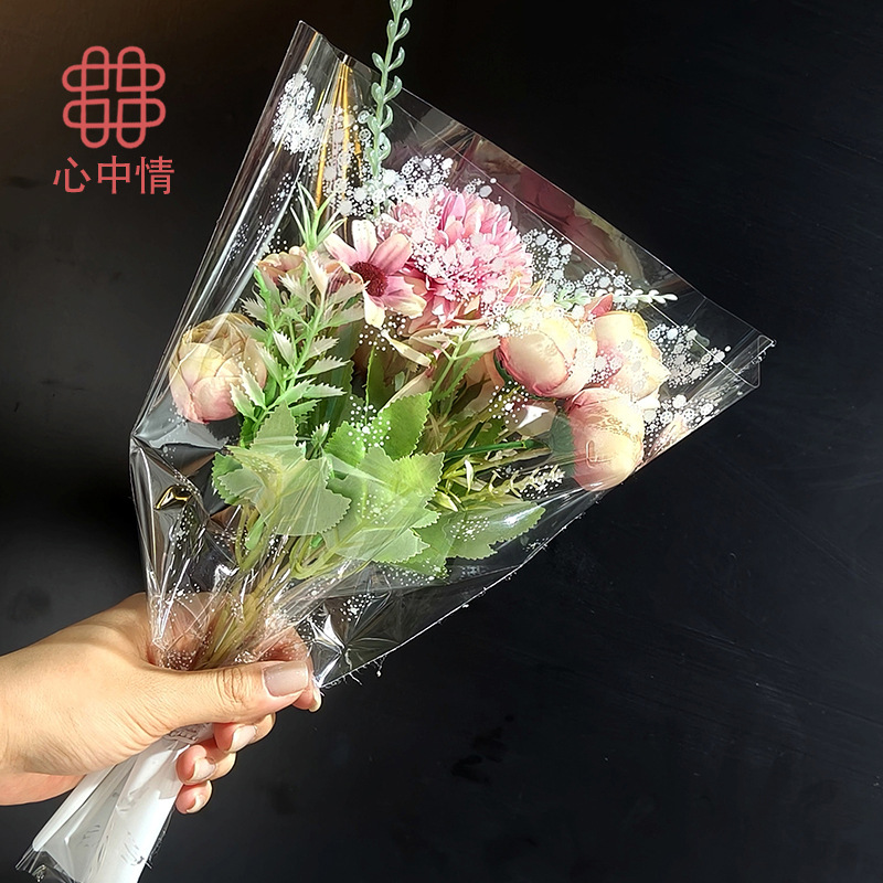 【心中情】白色雪花梯形花袋 印花透明鲜花包装袋opp现货