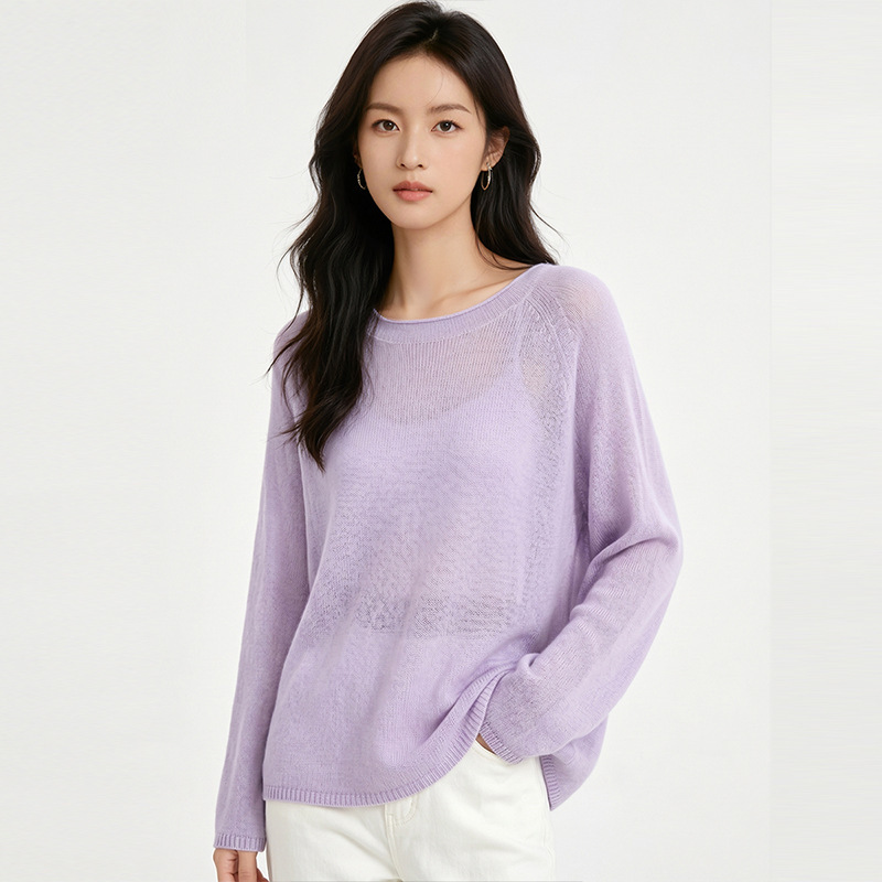 Thin Seamless Lyocell and Paper Yarn Round Neck Long-Sleeved Knitwear for Women in Summer, Light and Loose, Casual and Versatile Blouse Thin Seamless Lyocell and Paper Yarn Round Neck Long-Sleeved Knitwear for Women in Summer, Light and Loose, Casual and Versatile Blouse