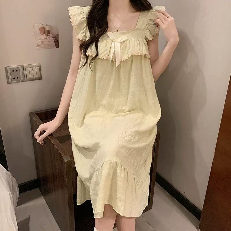 Pijama con cojín de pecho 2026 primavera y verano nuevo vestido largo de encaje coreano lindo ropa de casa pijamas de niña