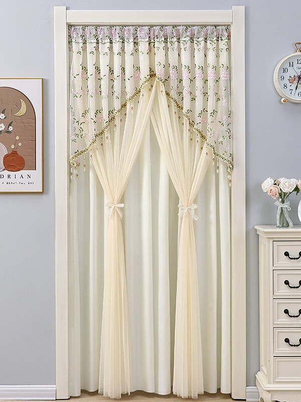 French-Style Vintage Pastoral Four-Season Double-Layer Door Curtain, Mosquito-Proof Decorative Curtain for Bedroom, Non-Transparent Hanging Curtain for Kitchen Partition