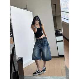 PMORH复古设计感高腰水洗七分牛仔裤女夏季新款松弛显瘦阔腿裤潮