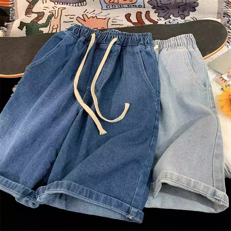 Men's Denim Shorts Summer Thin Loose Five-Point Pants American Style Trendy Casual Washed Elastic Waist Straight Mid-Length Shorts